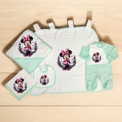 Conjunto de roupa de bebé com estampa da Minnie Mouse em fundo branco e verde
