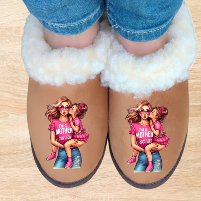 Pantufas castanhas felpudas com imagem de mãe e filha e texto em inglês.