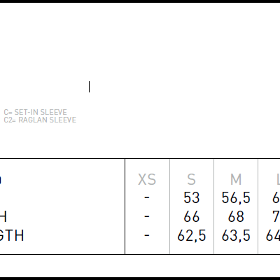 Esquema técnico de camisola e tabela de medidas em centímetros para tamanhos XS a 3XL