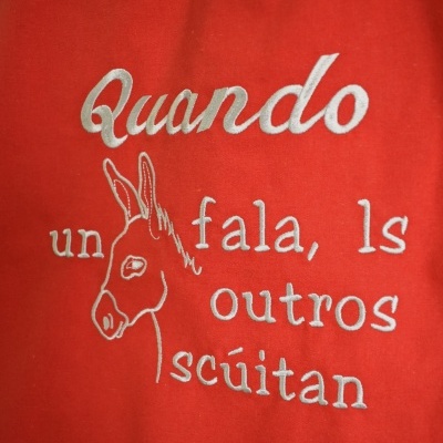 Tecido vermelho com texto bordado branco e desenho de burro