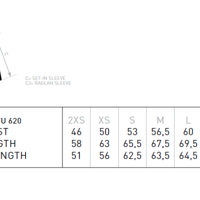 Tabela de medidas hoodie B&C HOODED WU 620 com desenho técnico da sweatshirt