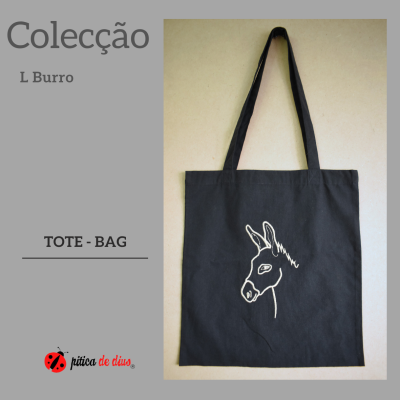 Tote bag preto com desenho branco de cabeça de burro e texto Colecção L Burro TOTE - BAG