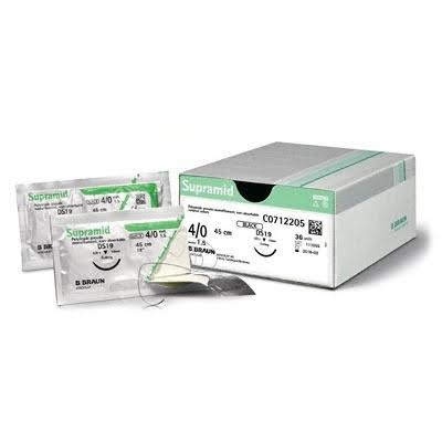 Pacotes de sutura cirúrgica Supramid 4/0 com embalagem branca e verde da marca B. Braun.