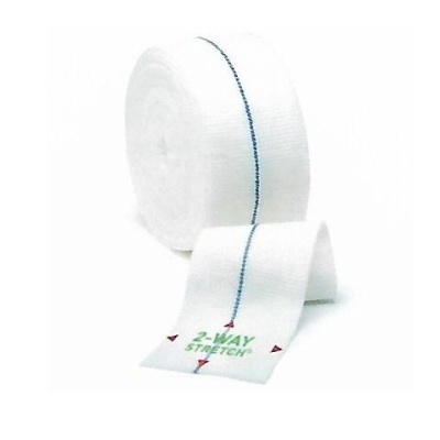 Fita branca com costura azul e texto '2-WAY STRETCH'