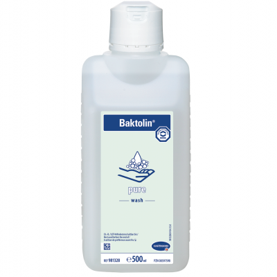 Frasco plástico branco translúcido de 500 ml com rótulo Baktolin pure wash