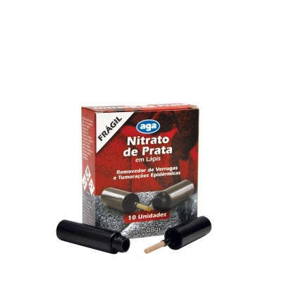 Embalagem vermelha de Nitrato de Prata com dois lápis pretos, um aberto com aplicador