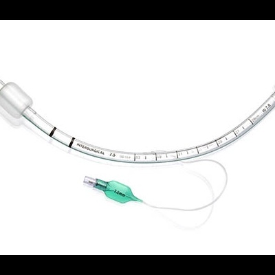 tubo endotraqueal transparente com balão verde e marcações numéricas