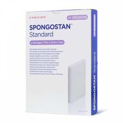 Embalagem branca e azul do SPONGOSTAN Standard da ETHICON contendo 2 sponges hemostáticos