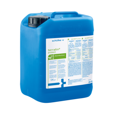 Recipiente azul plástico com etiqueta de produto de desinfeção terralin protect da Schülke