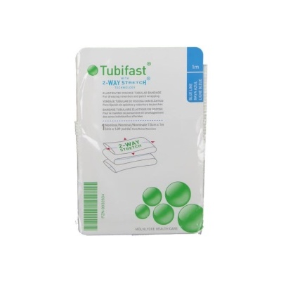 Embalagem branca Tubifast 2-Way Stretch 1 metro com texto e ilustrações verdes e azuis