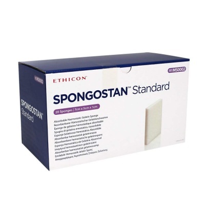 Caixa de esponjas hemostáticas SPONGOSTAN Standard azul e branca