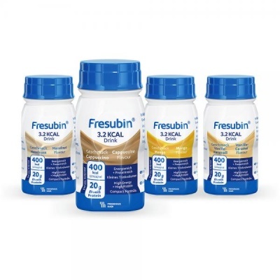 Quatro frascos Fresubin 3.2 KCAL Drink sabor Cappuccino com tampas azuis