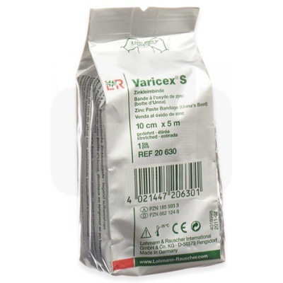 Embalagem de bandagem Zinc Pasta Varicex S com texto e código de barras