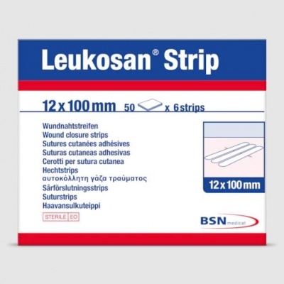 Embalagem branca e azul do Leukosan Strip com texto e ilustração do produto