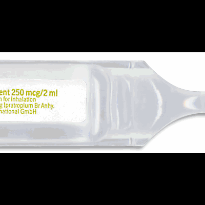 Embalagem plástica transparente com solução inalatória Atrovent 250 mcg/2 ml