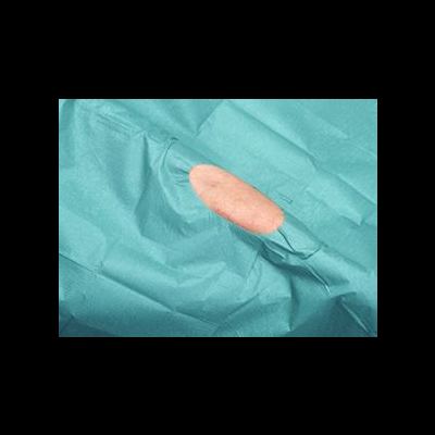 Tecido azul com buraco oval mostrando pele por baixo