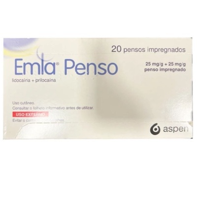 Embalagem branca de medicamento Emla Penso com texto em português e logo da aspen.