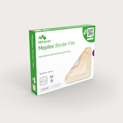 Embalagem do penso adhesivo Mepilex Border Flex da Mölnlycke em branco e verde