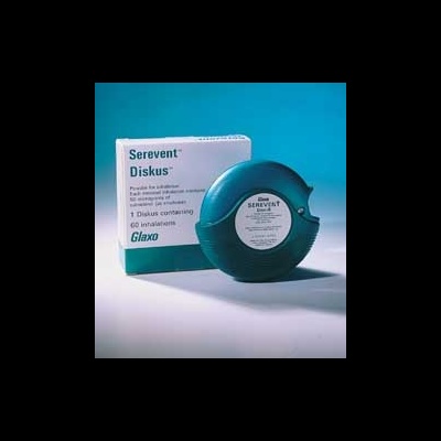 Embalagem e inalador do medicamento Serevent Diskus em azul