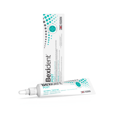Gel tópico Bexident POST da ISDIN com tubo branco e embalagem correspondente