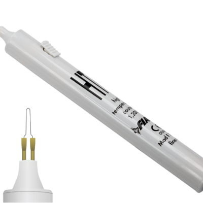 Caneta branca elétrica com ponta fina dourada e embalagens de pontas de corte