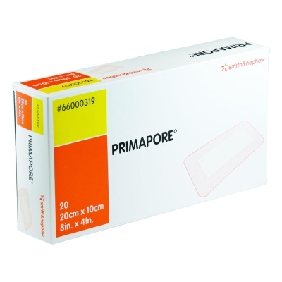 Caixa do produto PRIMAPORE para cuidados médico com texto e design colorido