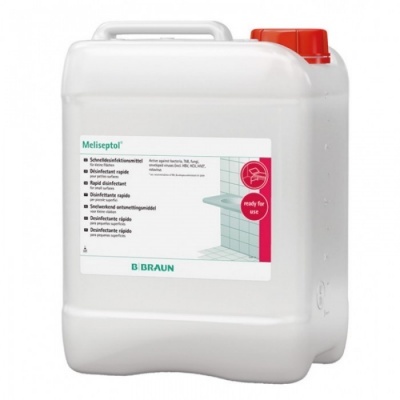 Recipiente branco plástico com tampa vermelha, desinfetante Meliseptol B Braun