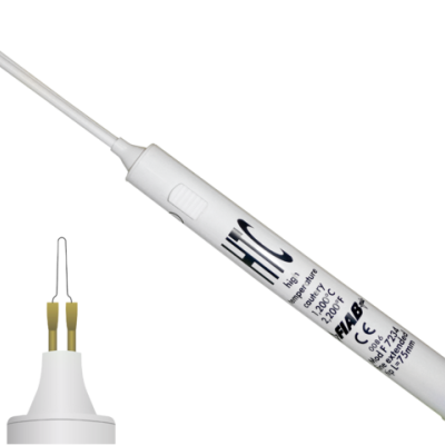 Caneta de soldar elétrica branca com ponta fina metálica e texto impresso no corpo