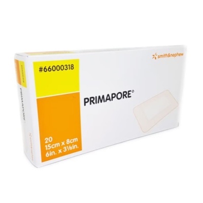 Caixa de pensos rápidos PRIMAPORE branco com texto e detalhes amarelos e laranja.