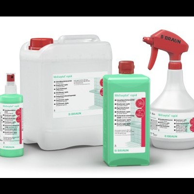 Conjunto de frascos de produtos B. Braun para limpeza e desinfecção