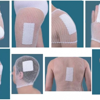 Rede elástica com penso branco em várias partes do corpo