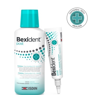 Conjunto de produtos dentários Bexident post em frasco e tubo brancos com tampa e detalhes azuis