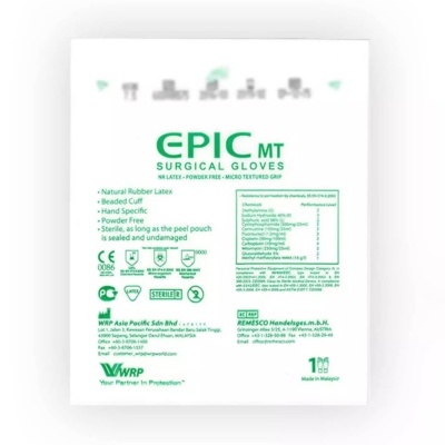 Embalagem branca de luvas cirúrgicas EPIC MT com texto verde e símbolos de certificação