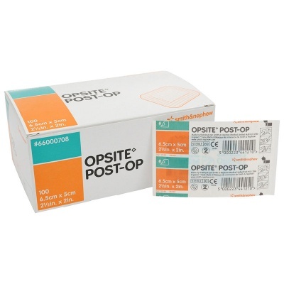 Caixa e embalagens de curativos OPSITE POST-OP 6,5x5 cm em branco, cinzento, laranja e azul claro