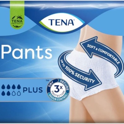 Embalagem azul de TENA Pants Plus com imagem de roupa interior absorvente branca.
