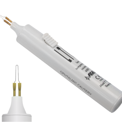 Aparelho eletrocautério oftálmico branco com pontas metálicas e botão deslizante