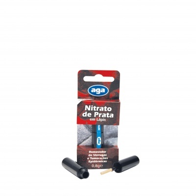 Embalagem de Nitrato de Prata em lápis da marca aga, caixa e lápis preto aberto com aplicador