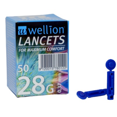 Caixa azul com lancetas azuis para medição