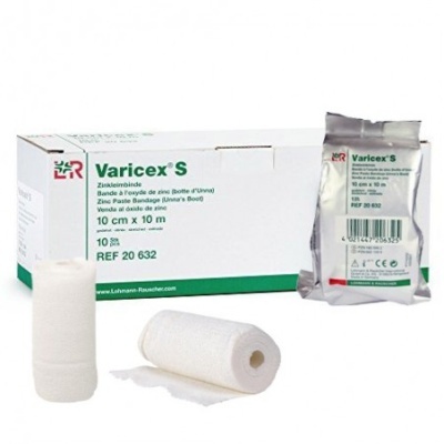 Bandagem zincada Varicex S com caixa branca e verde, duas bandagens enroladas e embalagem individual prateada