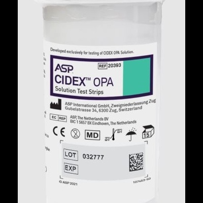 frasco branco com rótulo de tiras de teste ASP CIDEX OPA