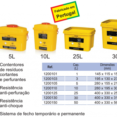 Contentores amarelos para resíduos cortantes com diferentes capacidades, fabricados em Portugal