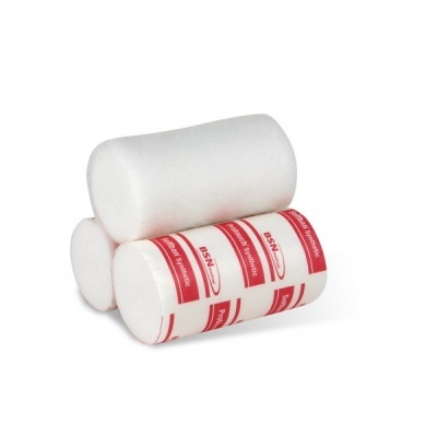 Rolos de espuma branca, um com cobertura vermelha e texto BSH