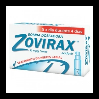 Embalagem de creme Zovirax bomba doseadora 2g para herpes labial
