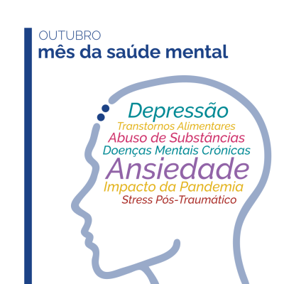 Silhueta de cabeça com palavras sobre saúde mental em várias cores, texto 'OUTUBRO mês da saúde mental' à esquerda