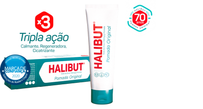 Tubo e caixa do creme Halibut Pomada Original com textos promocionais e selos