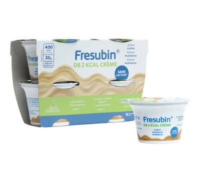 Pack de Fresubin DB 2 KCAL CRÈME sabor praline com quatro unidades e indicação sem lactose
