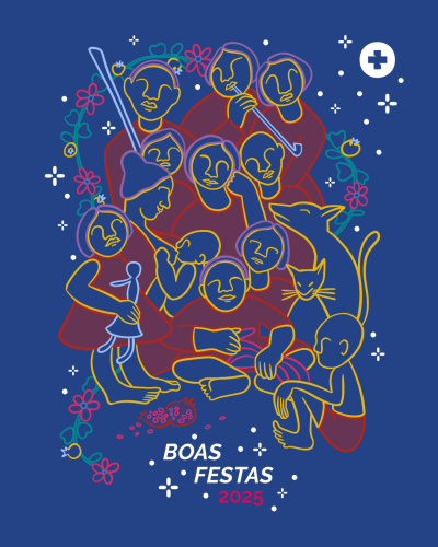 Ilustração colorida com figuras humanas, gato, cão, flores e texto BOAS FESTAS 2025 sobre fundo azul