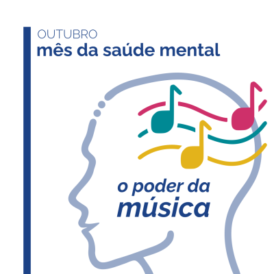 Ilustração de cabeça humana com notas musicais e texto sobre saúde mental e música
