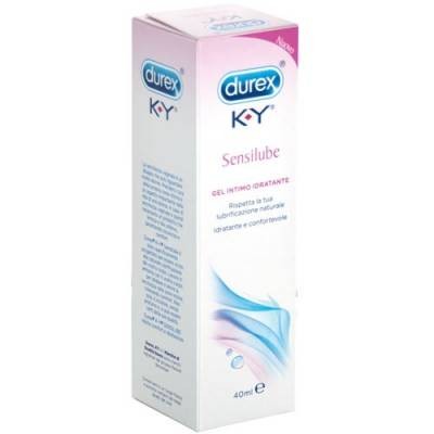 Embalagem de gel íntimo hidratante Durex K-Y Sensilube 40 ml branca com detalhes azuis e rosa