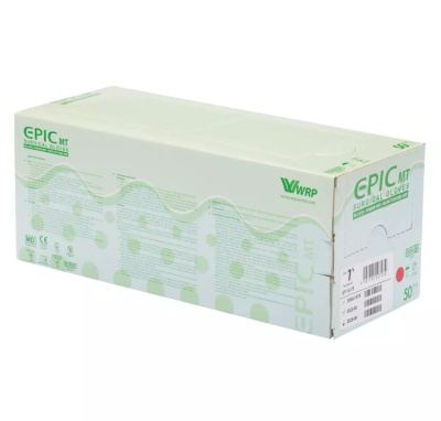 Caixa branca de luvas cirúrgicas EPIC MT com texto verde